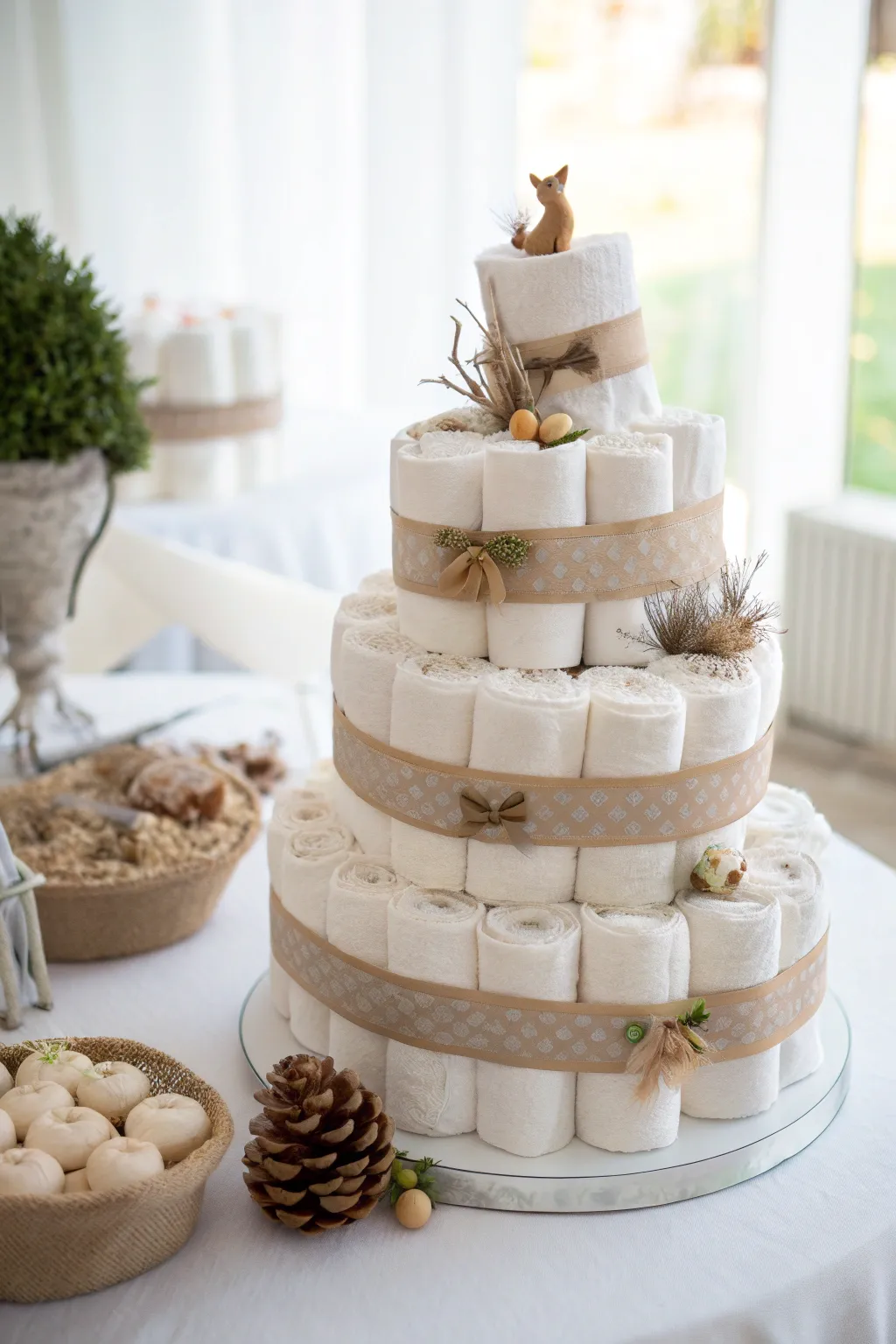 Delight in simplicity and whimsy with this gender-neutral diaper cake, where tiny critters playfully peek out to enchant every viewer.