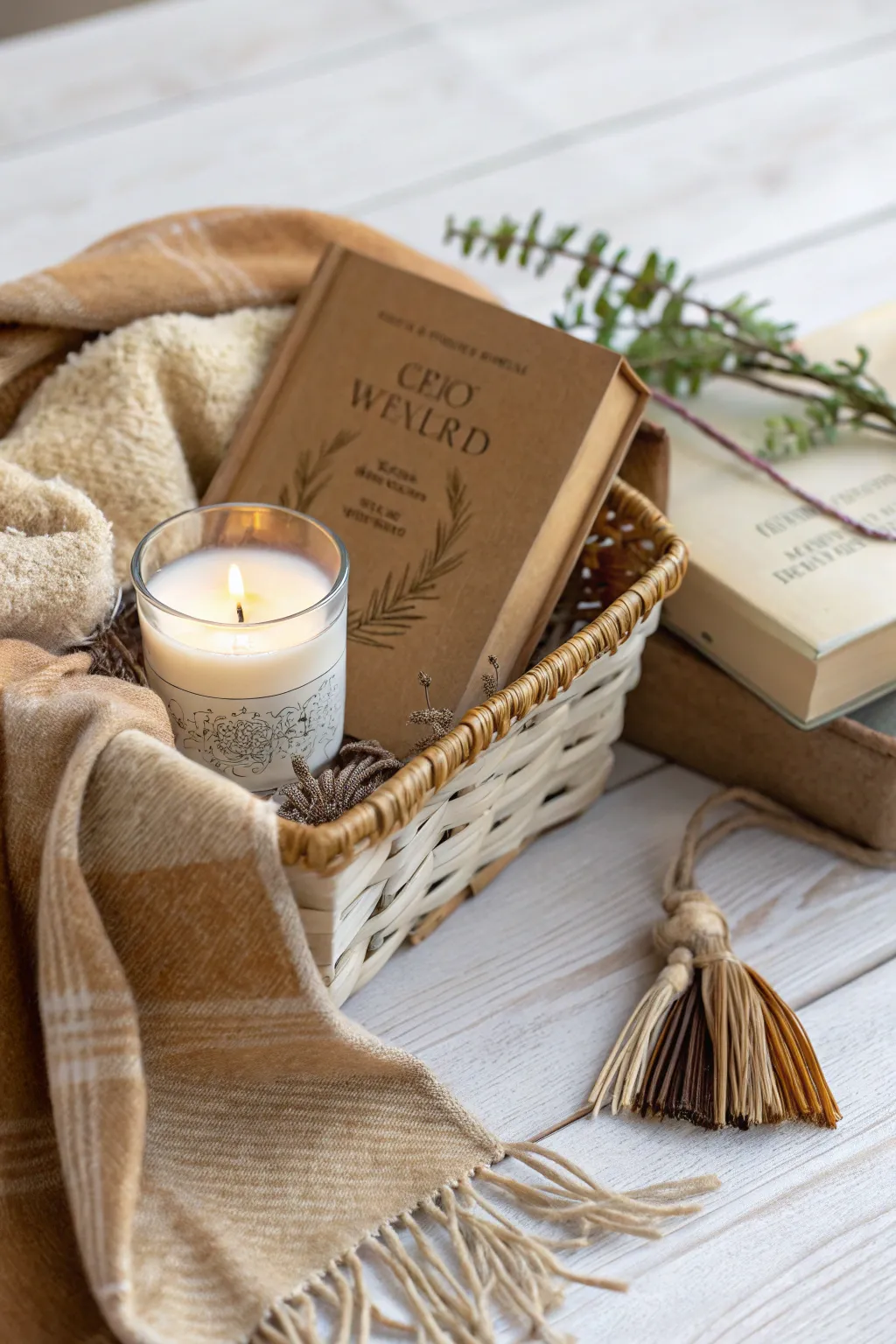 Create your perfect book nook with a charming gift basket filled with cozy essentials.