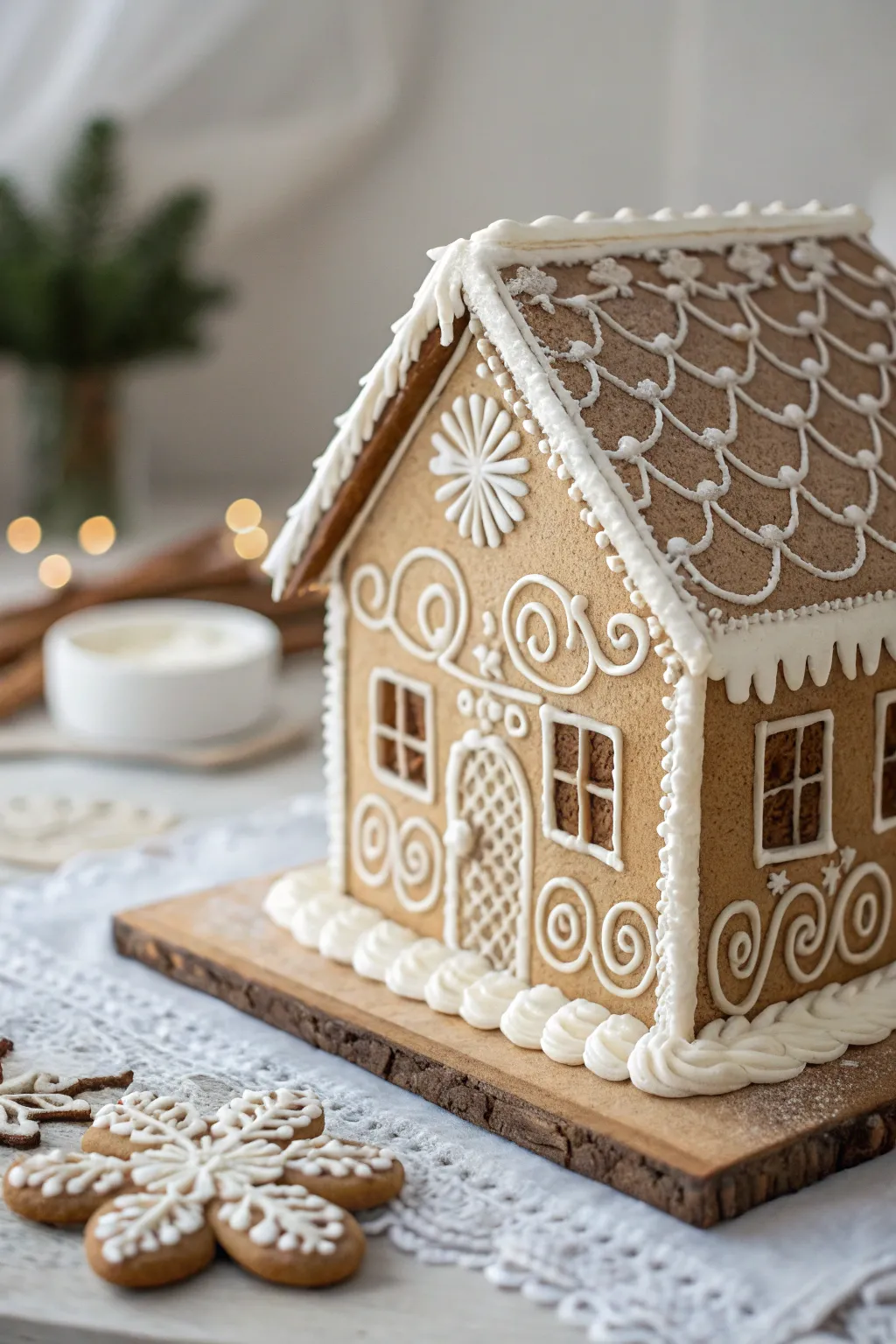 Elevate your gingerbread house with stunning icing details that capture the essence of minimalist elegance.