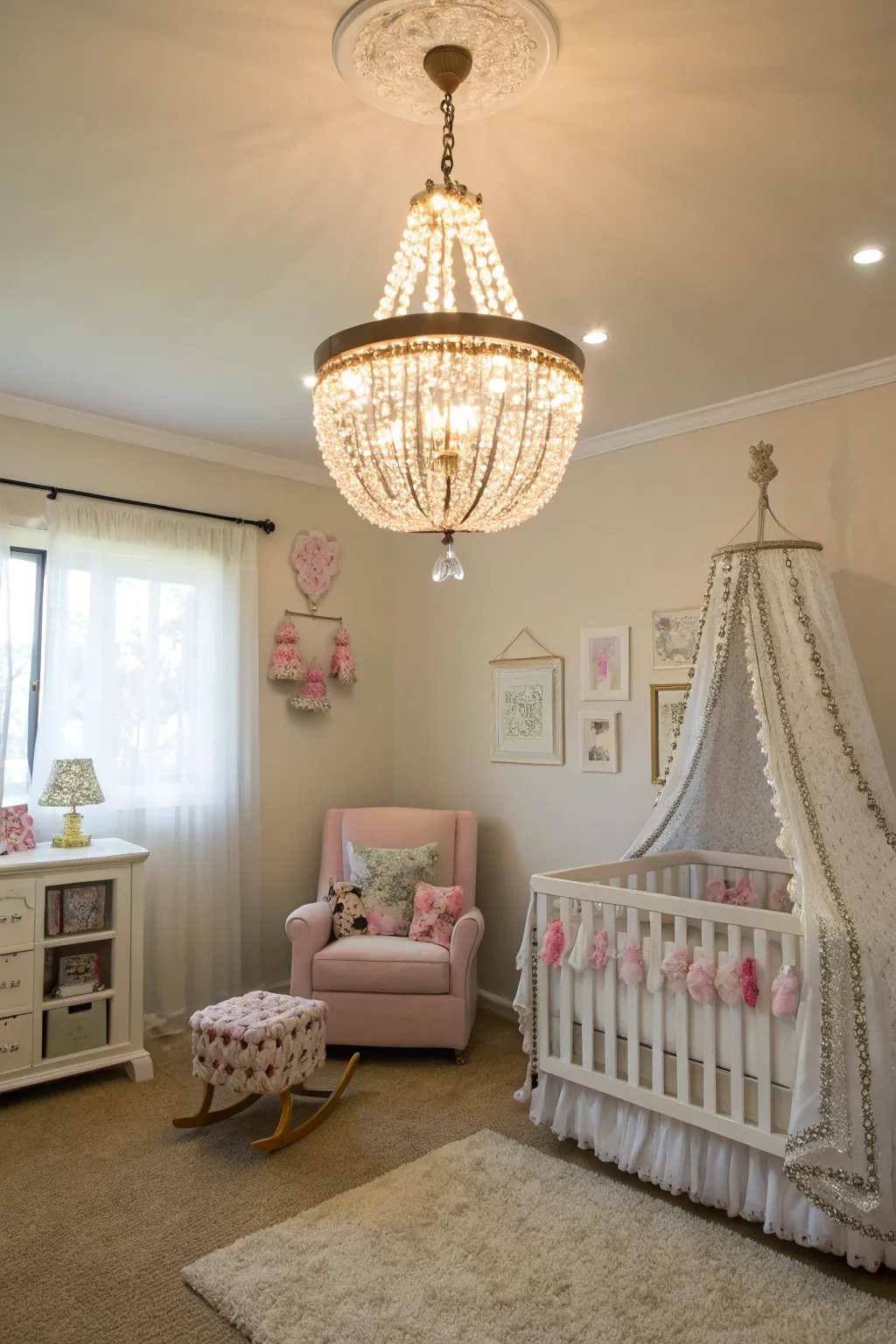 An elegant chandelier casts a warm glow in this nursery.