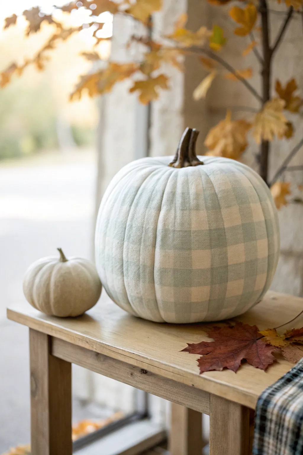 Embrace cozy fall vibes with a charming gingham plaid pumpkin, perfect for your autumn gatherings.