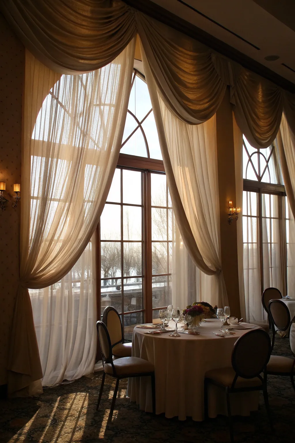 Dramatic drapery adds elegance and frames the windows beautifully.