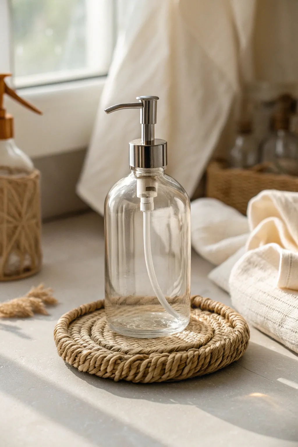 Elevate your sink space with this chic DIY soap dispenser, blending minimalist elegance with boho warmth.