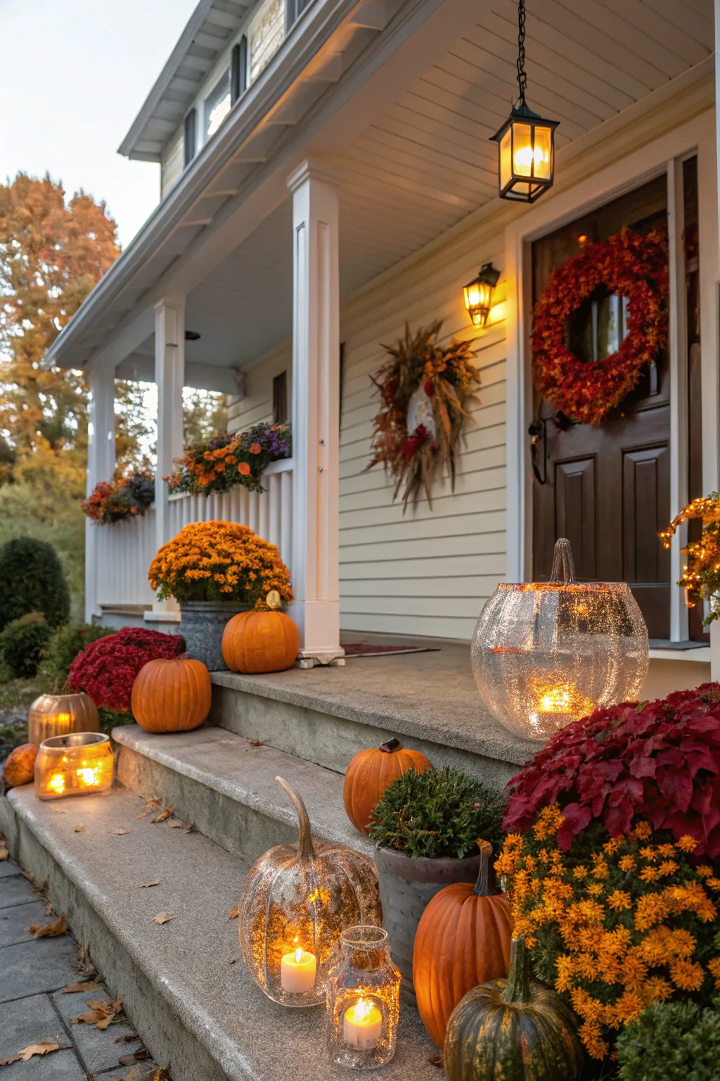 Glass pumpkins add charm to a welcoming porch.
