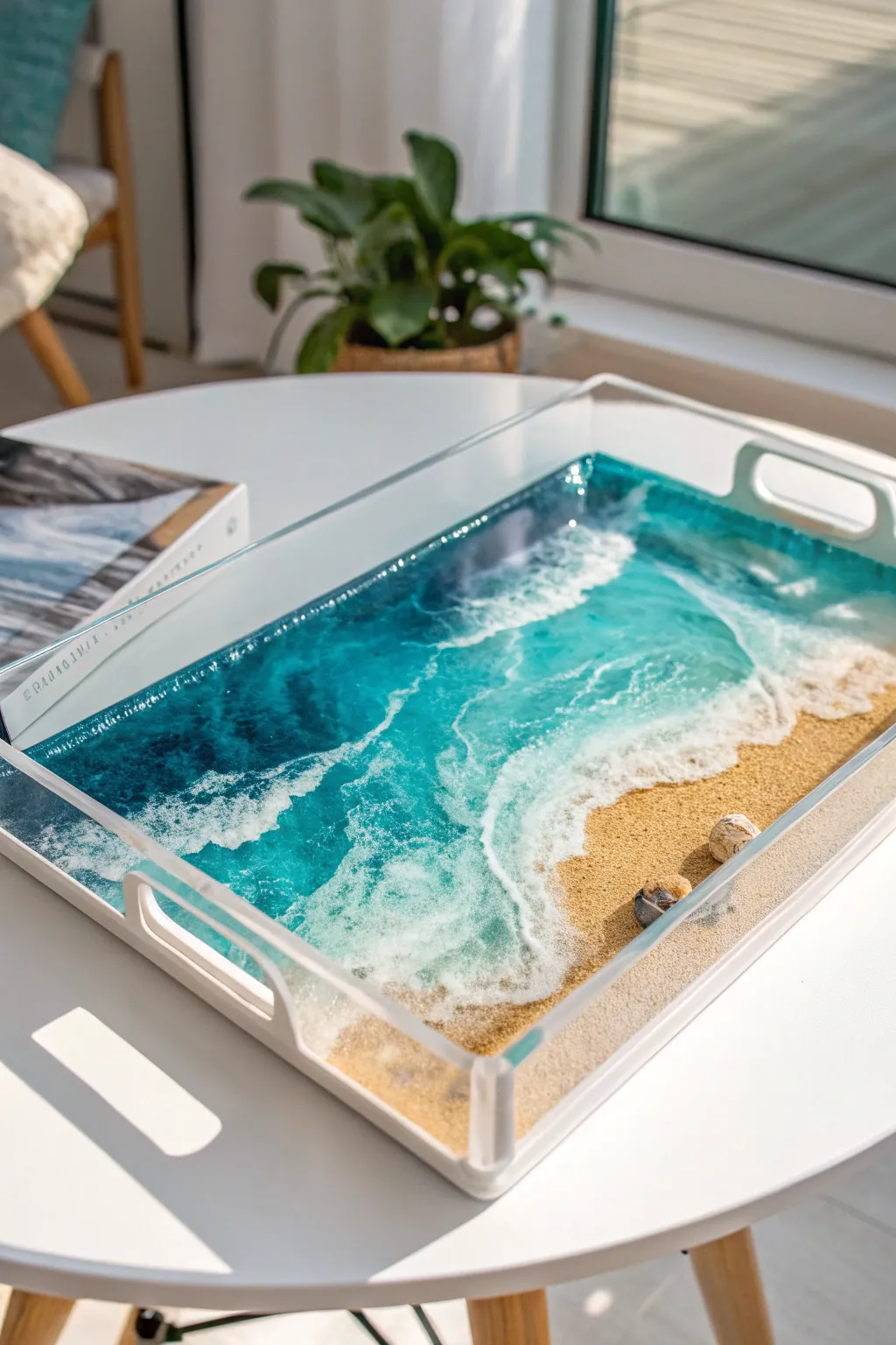 Bring the ocean to your table with this stunning resin beach tray, where simplicity meets artistry.