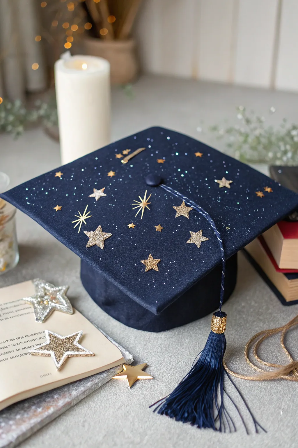 Embrace the magic of a starry night with this enchanting graduation cap design.