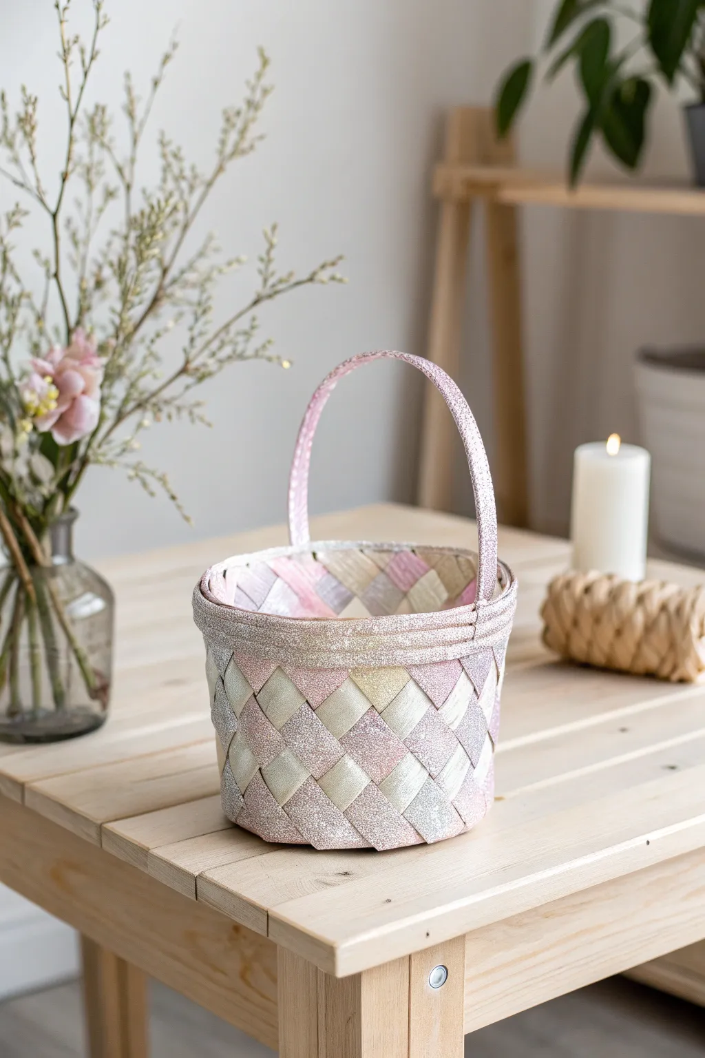 Add a touch of sparkle to your space with a handcrafted glitter paper basket, perfect for organizing with style.
