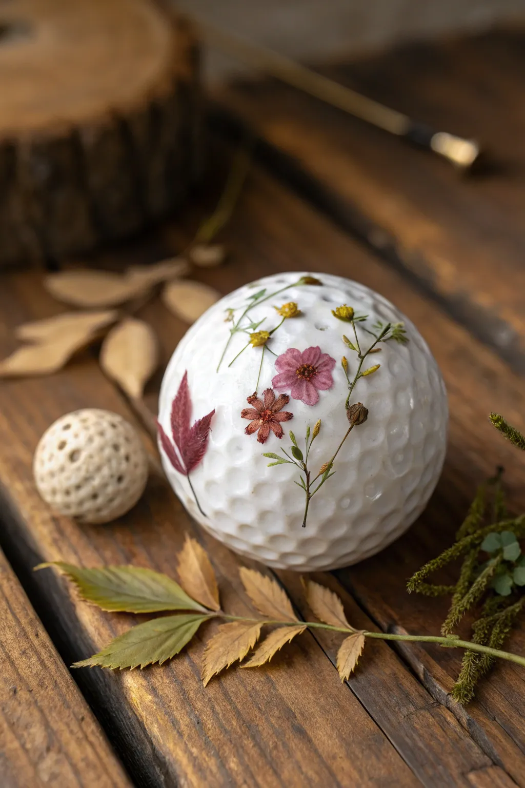 Craftsmanship meets nature: A golf ball transformed into a nature-inspired masterpiece.
