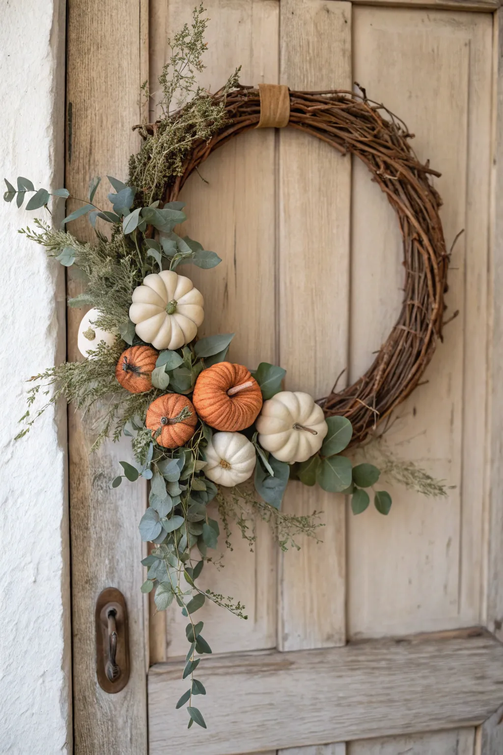Welcome autumn with a touch of elegance: a minimalist wreath adorned with charming gourds.