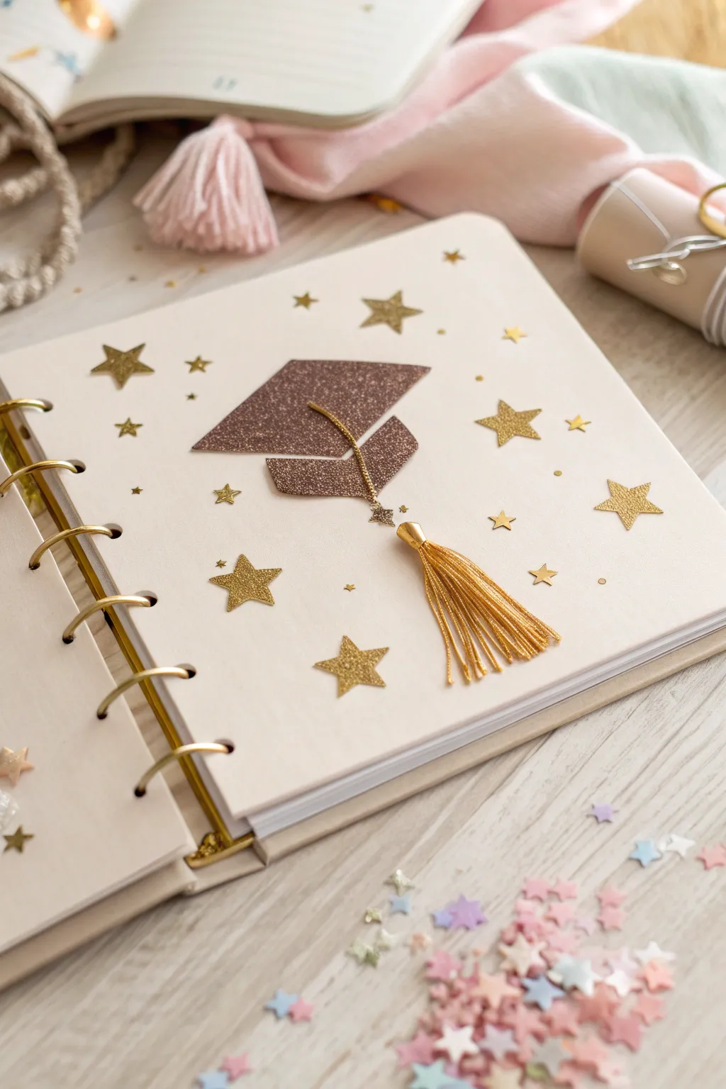 Celebrate your achievements with minimalist elegance - a handcrafted graduation memory book page adorned with stars and confetti.