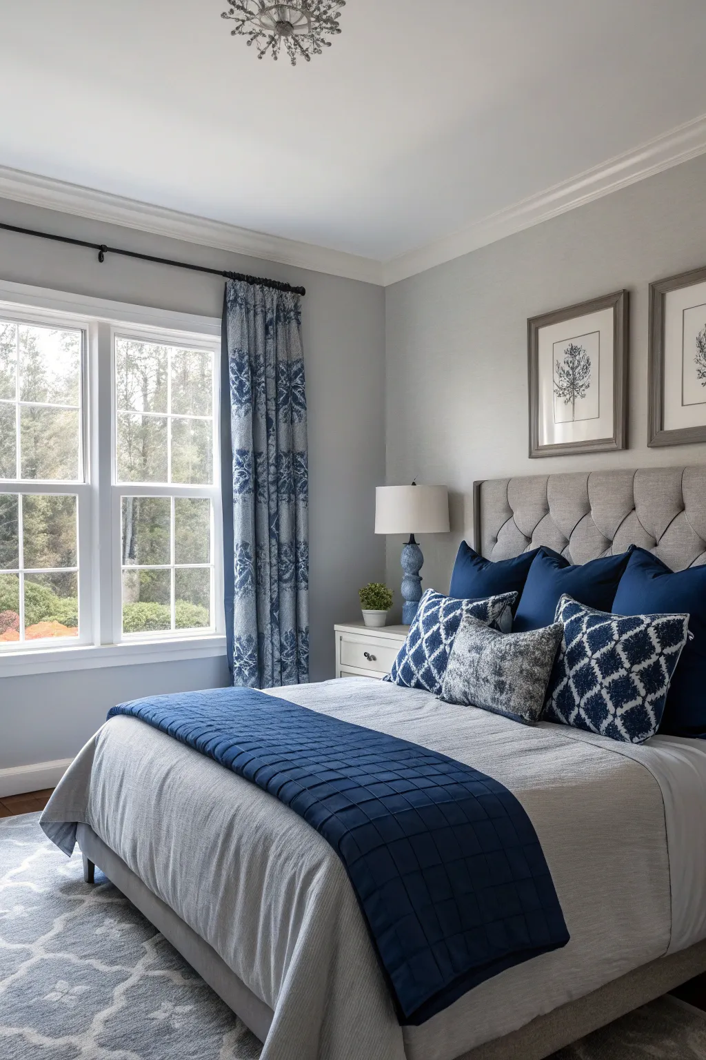 Blue accents complement the cool tones of grey.