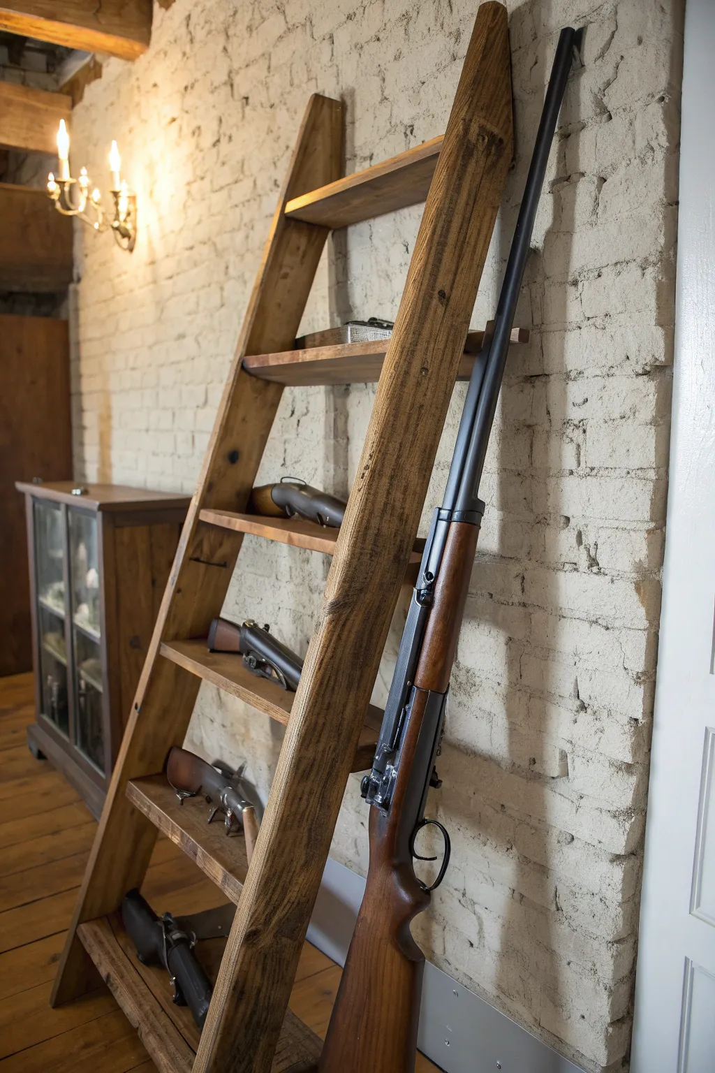Showcase your firearms with rustic elegance and craftsmanship in a farmhouse ladder display.