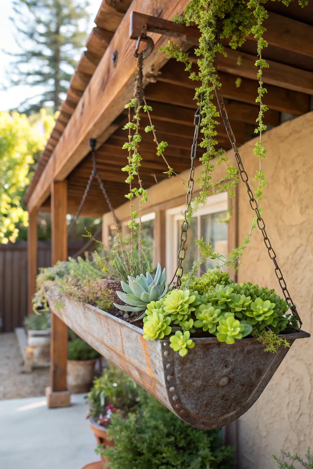 Transform your pergola with handcrafted hanging gutter planters for a striking vertical garden.