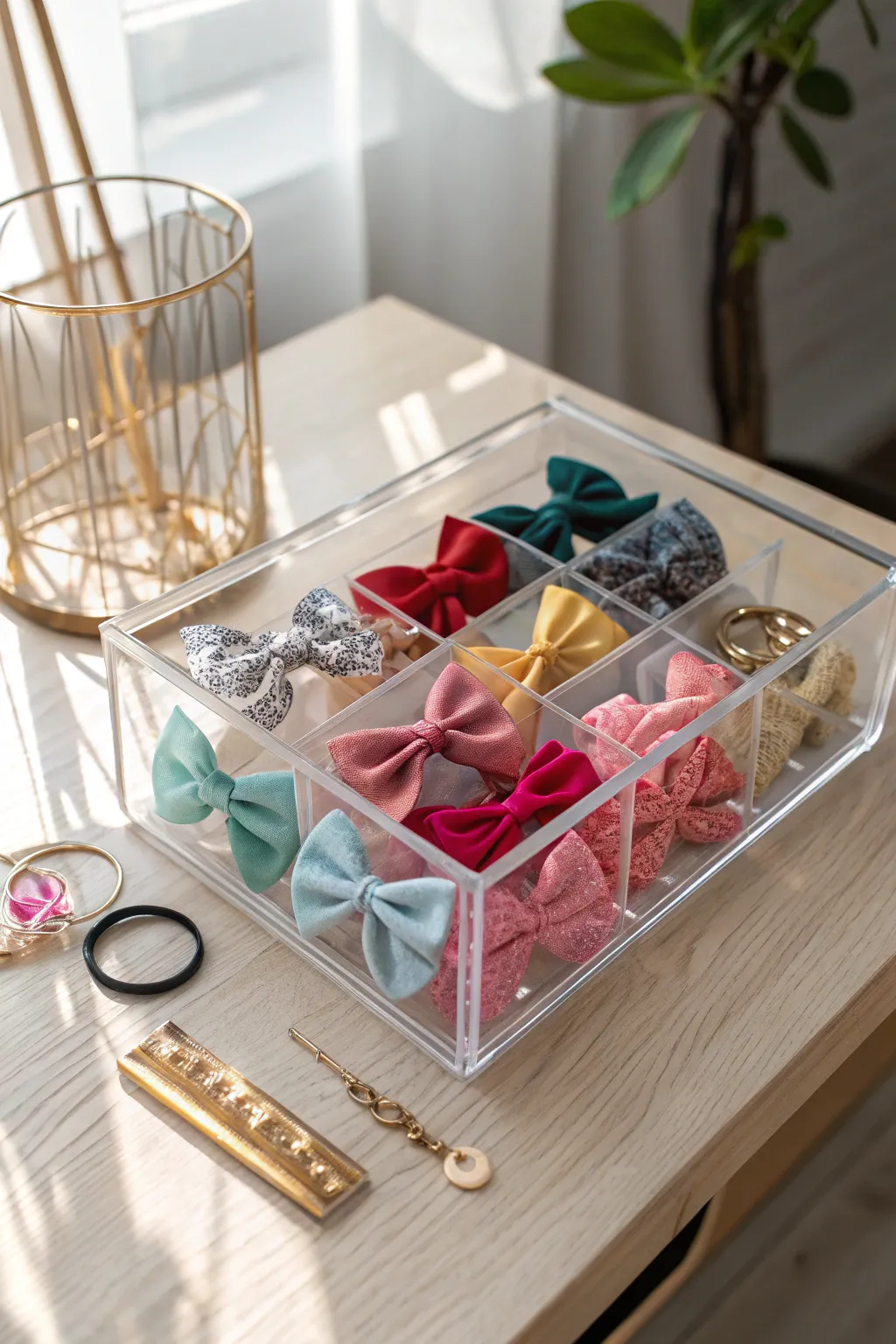 Transform your vanity into a chic boutique with a minimalist acrylic organizer for your hair accessories.