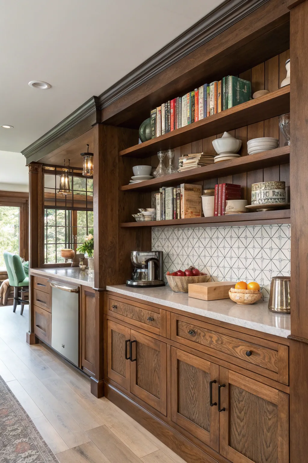 Elevate your kitchen's style with crafted half wall shelving that combines functionality with timeless charm.