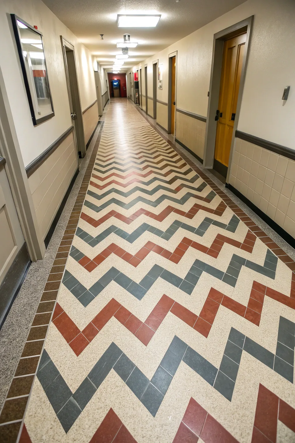Chevron tiles create a dynamic zigzag effect.