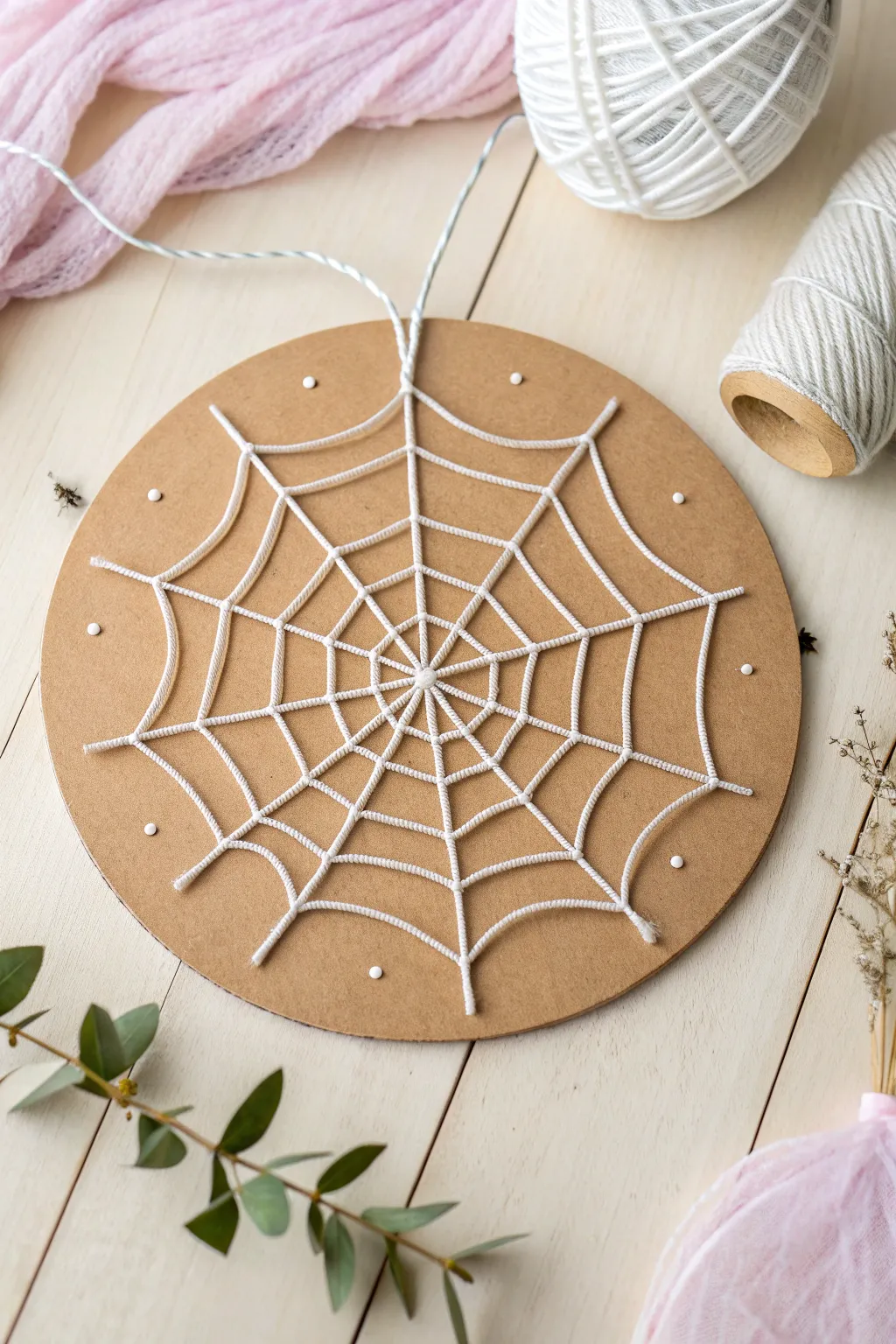 Delicate spider web string art: a perfect mix of nature and creativity for a cozy Halloween craft.