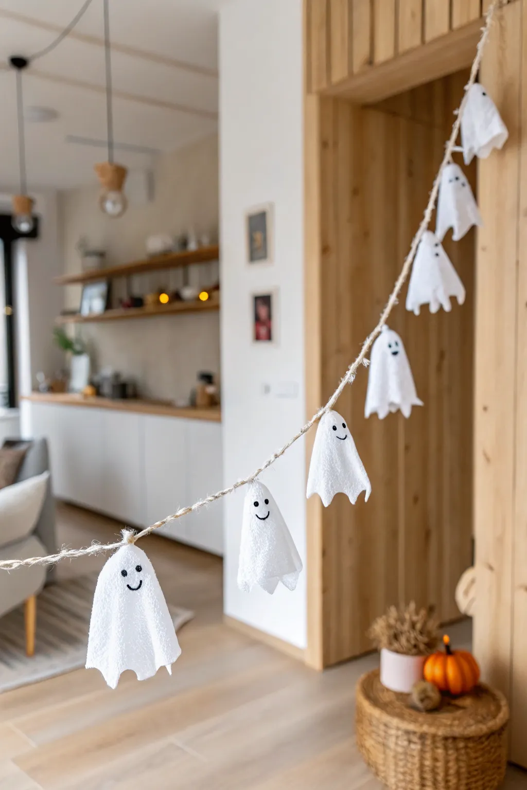 Add a touch of whimsical charm to your home with this handcrafted ghost garland, perfect for a minimalist Halloween decor.