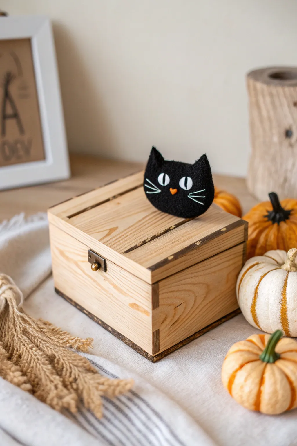 Chic Halloween Charm: Embrace the season with this minimalist black cat box, where simplicity meets playful elegance.
