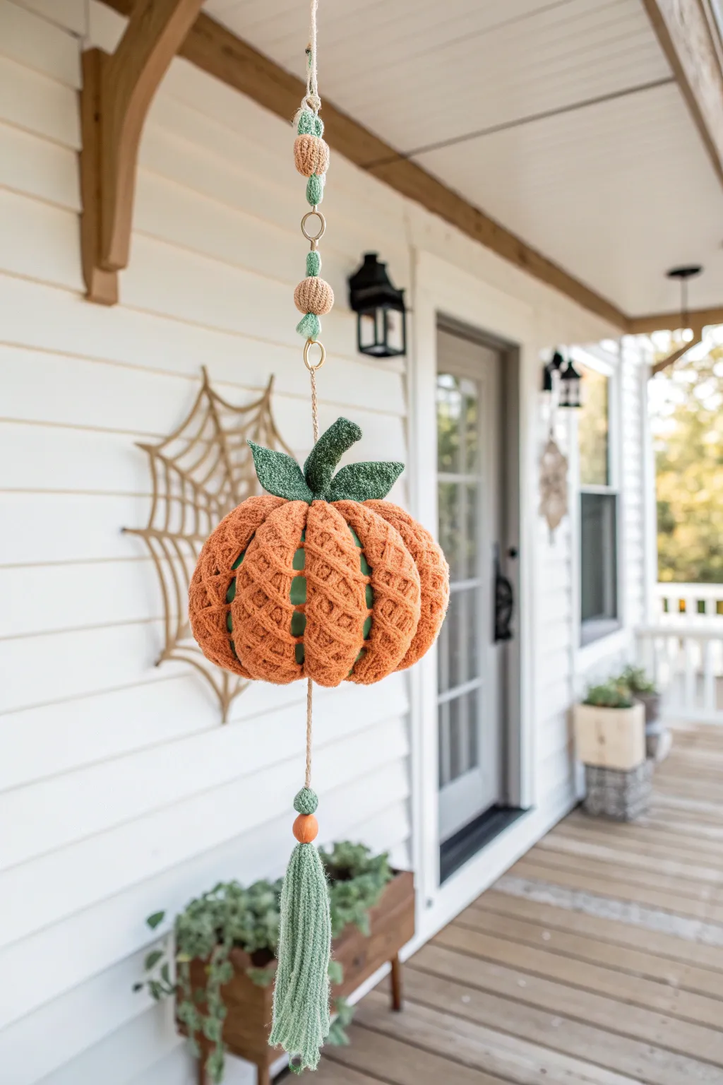 Add a whimsical touch to your fall decor with this charming crochet pumpkin wind spinner, perfect for a boho-inspired minimalist porch.