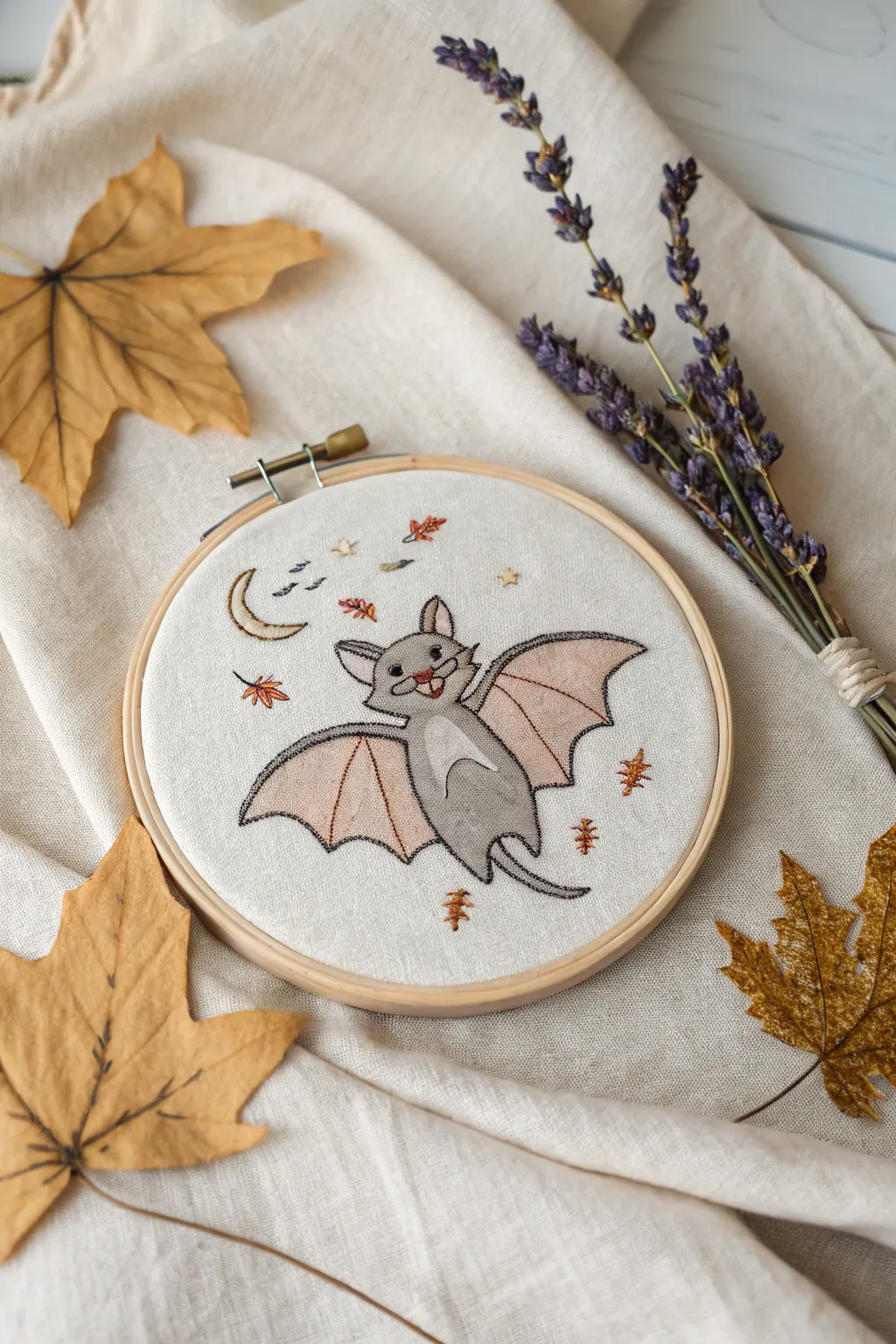 Charming and whimsical: A cute bat embroidery to lighten up your Halloween decor.