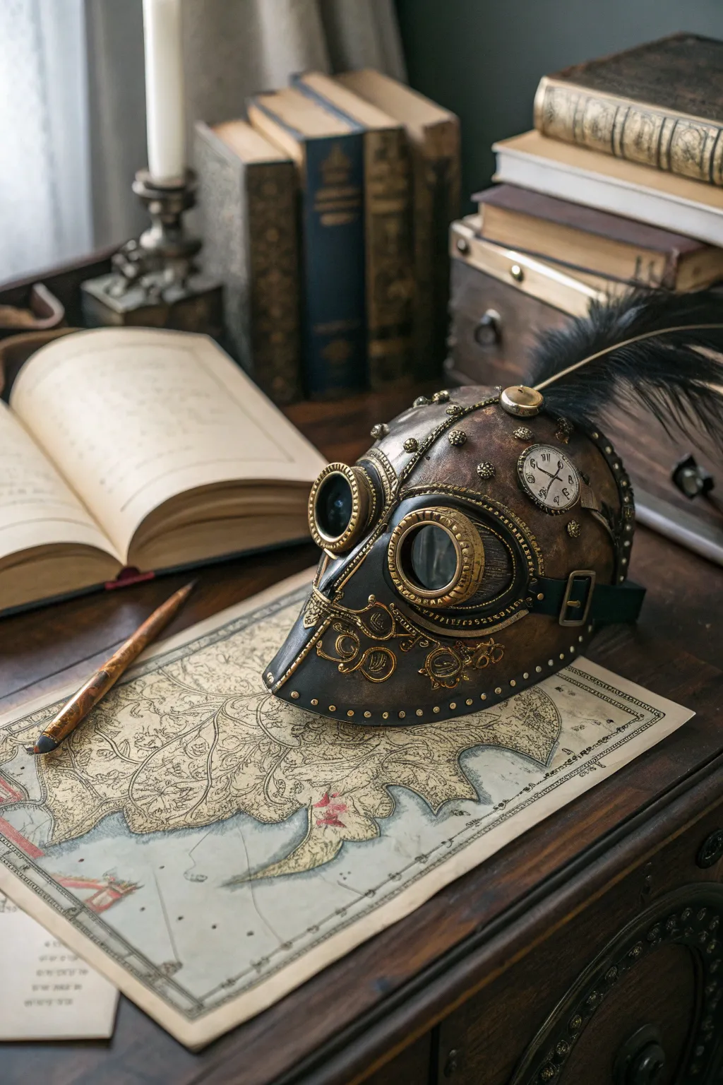 A steampunk mask combines industrial flair with Halloween adventure.