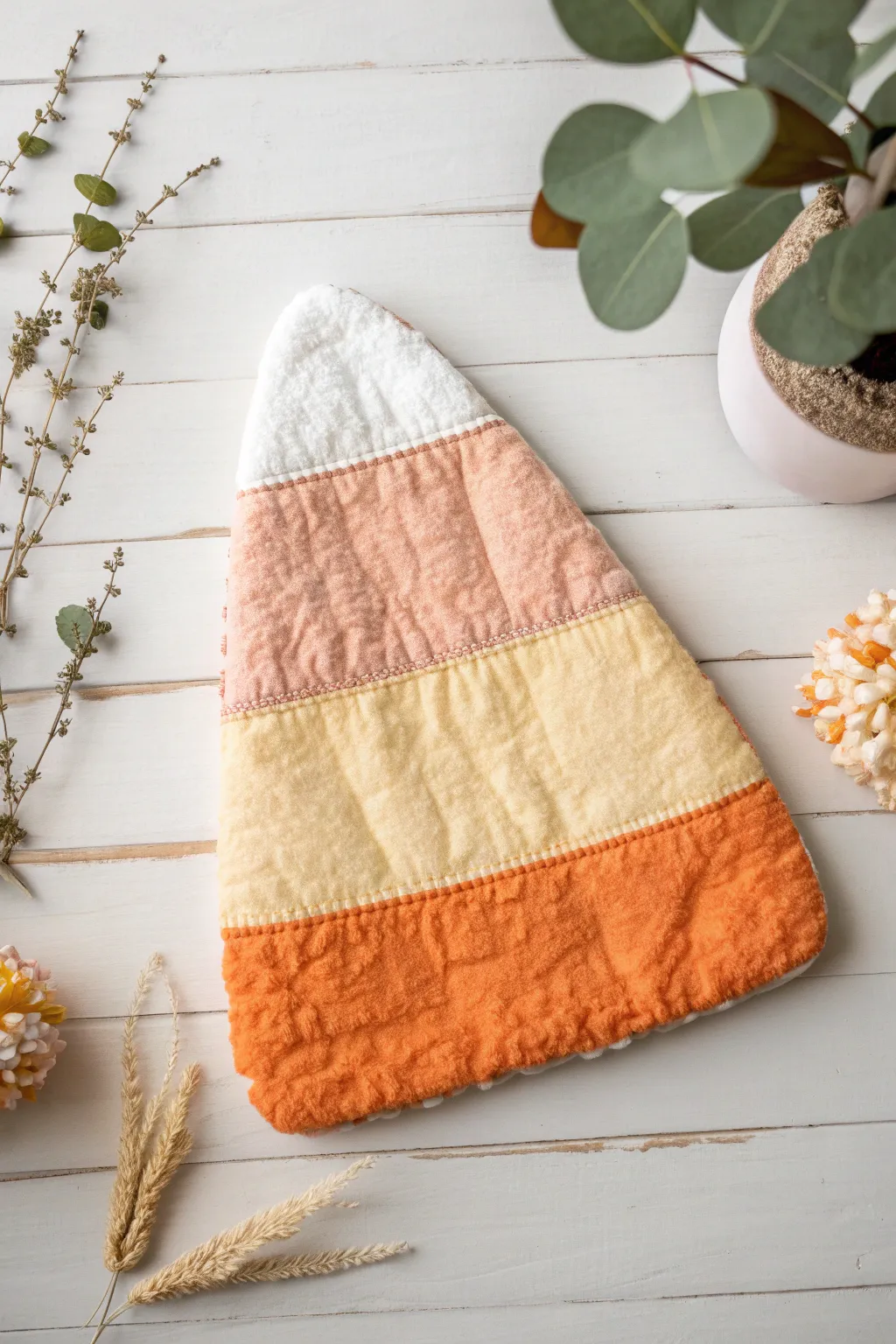 Crafted with love: A charming fabric candy corn to brighten up your preschool Halloween crafts.