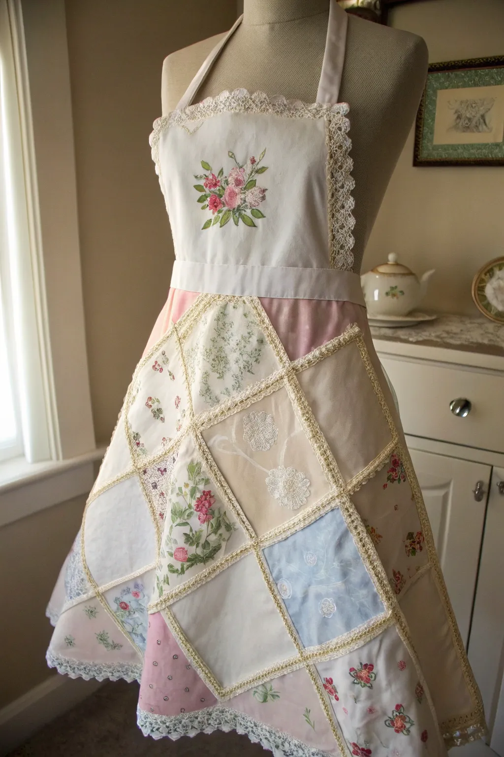 Transform vintage handkerchiefs into a charming apron for a touch of elegance in your kitchen.