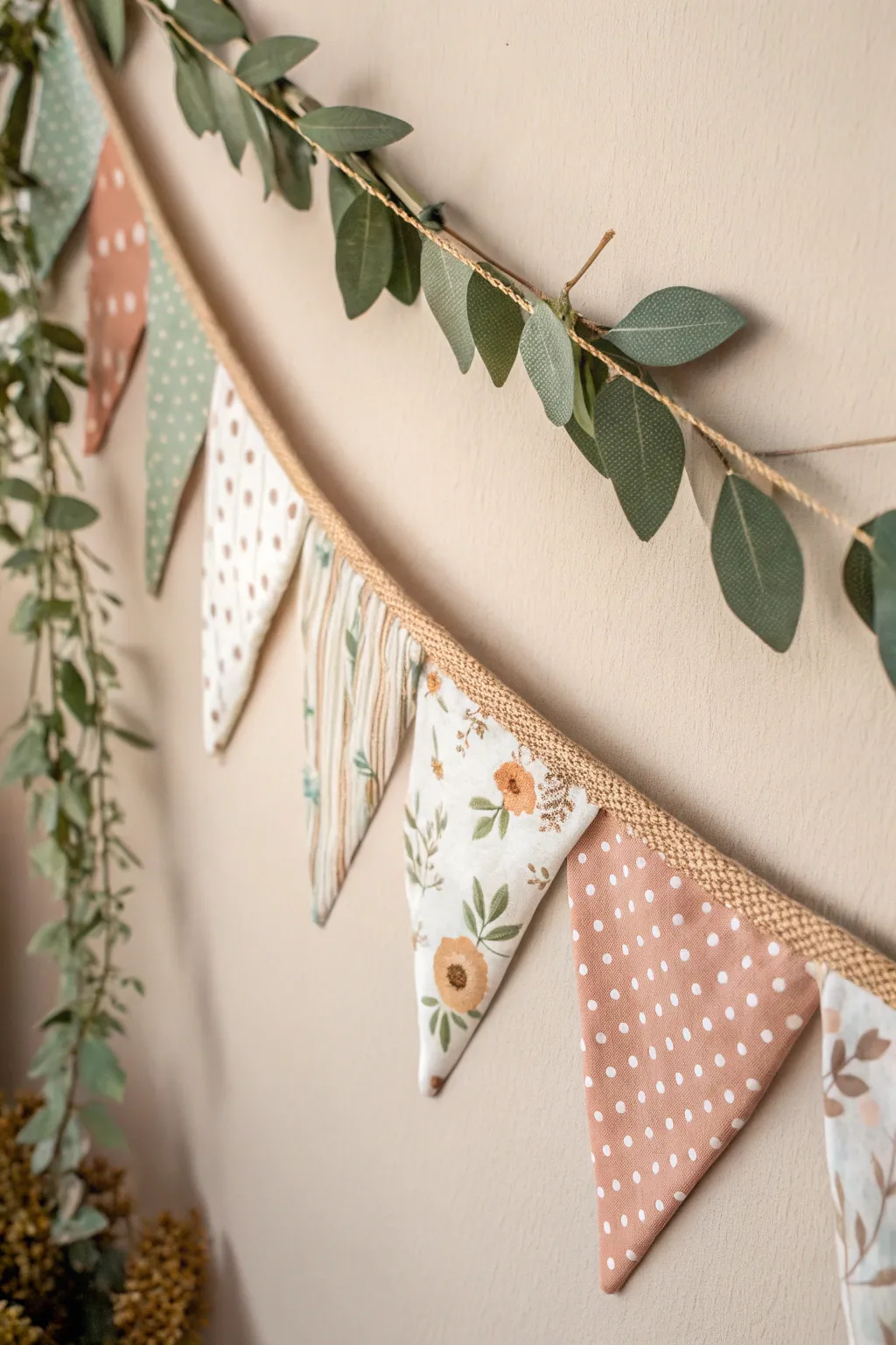 Add a touch of whimsy to your celebration with handmade fabric bunting that blends simplicity and natural beauty.