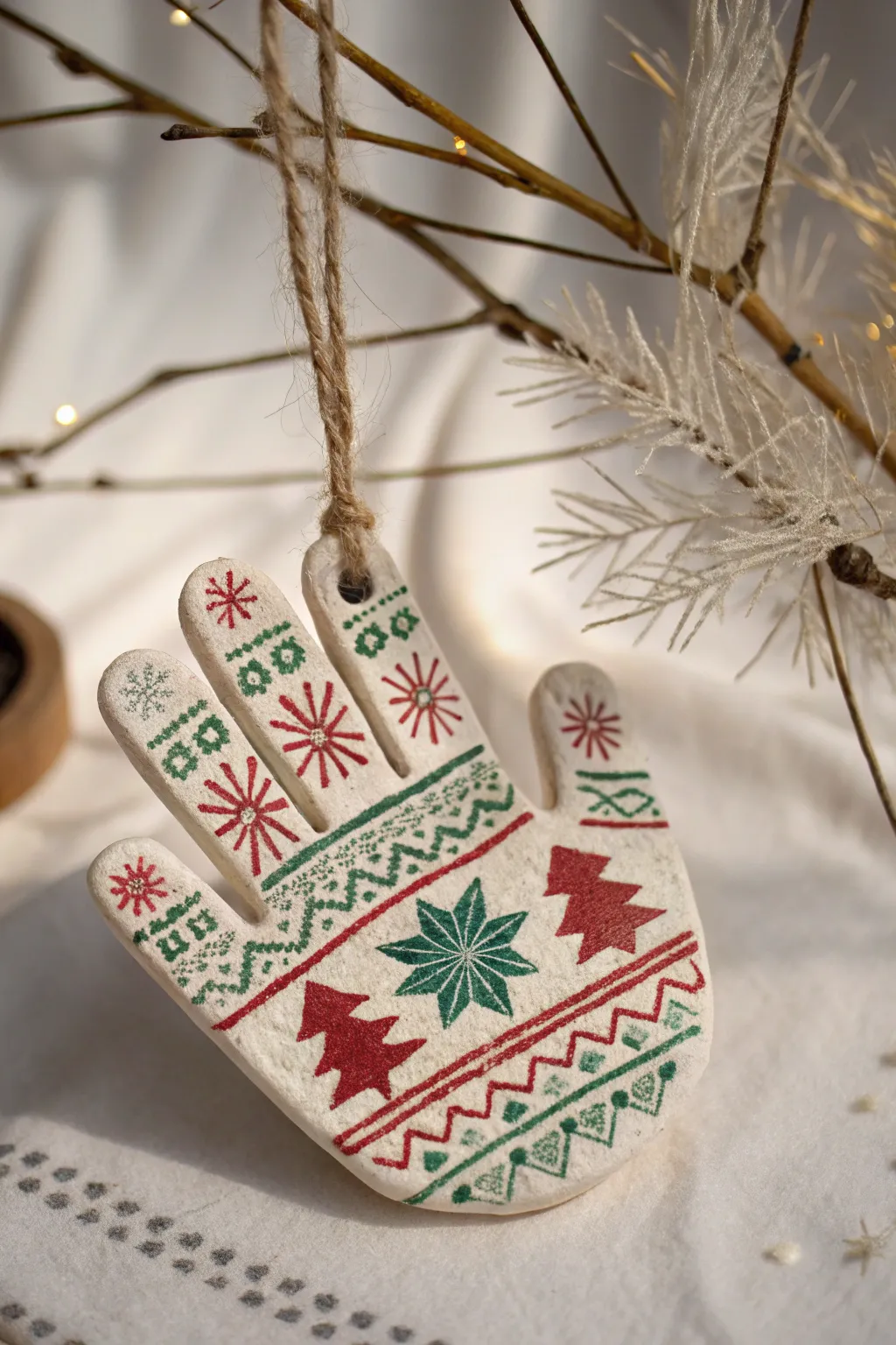 Capture the charm of holiday creativity with a handprint ornament that wears its own festive sweater!