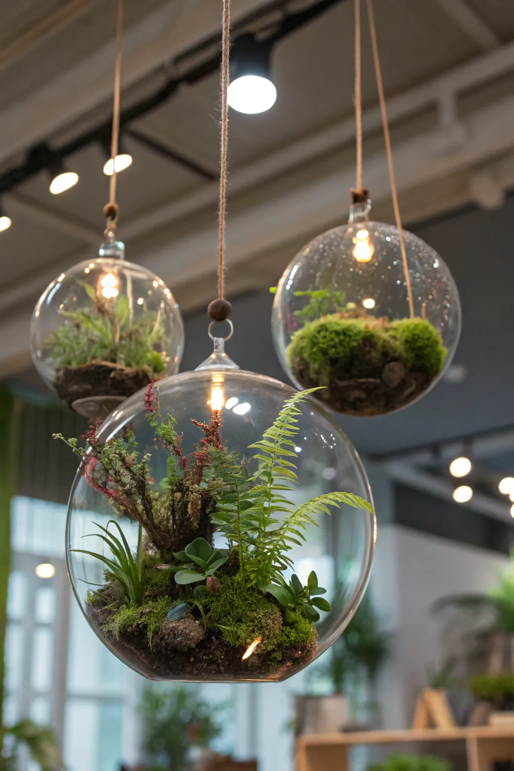 Self-sustaining ecosystems in glass globes.