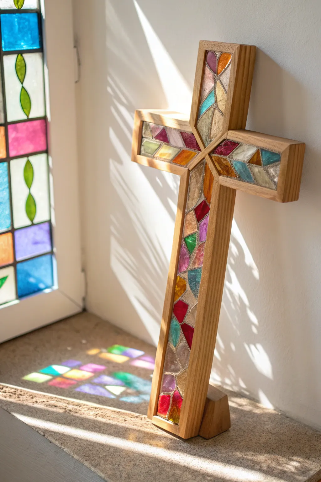 Illuminate your space with a handmade stained glass cross, where simplicity meets vibrant beauty.