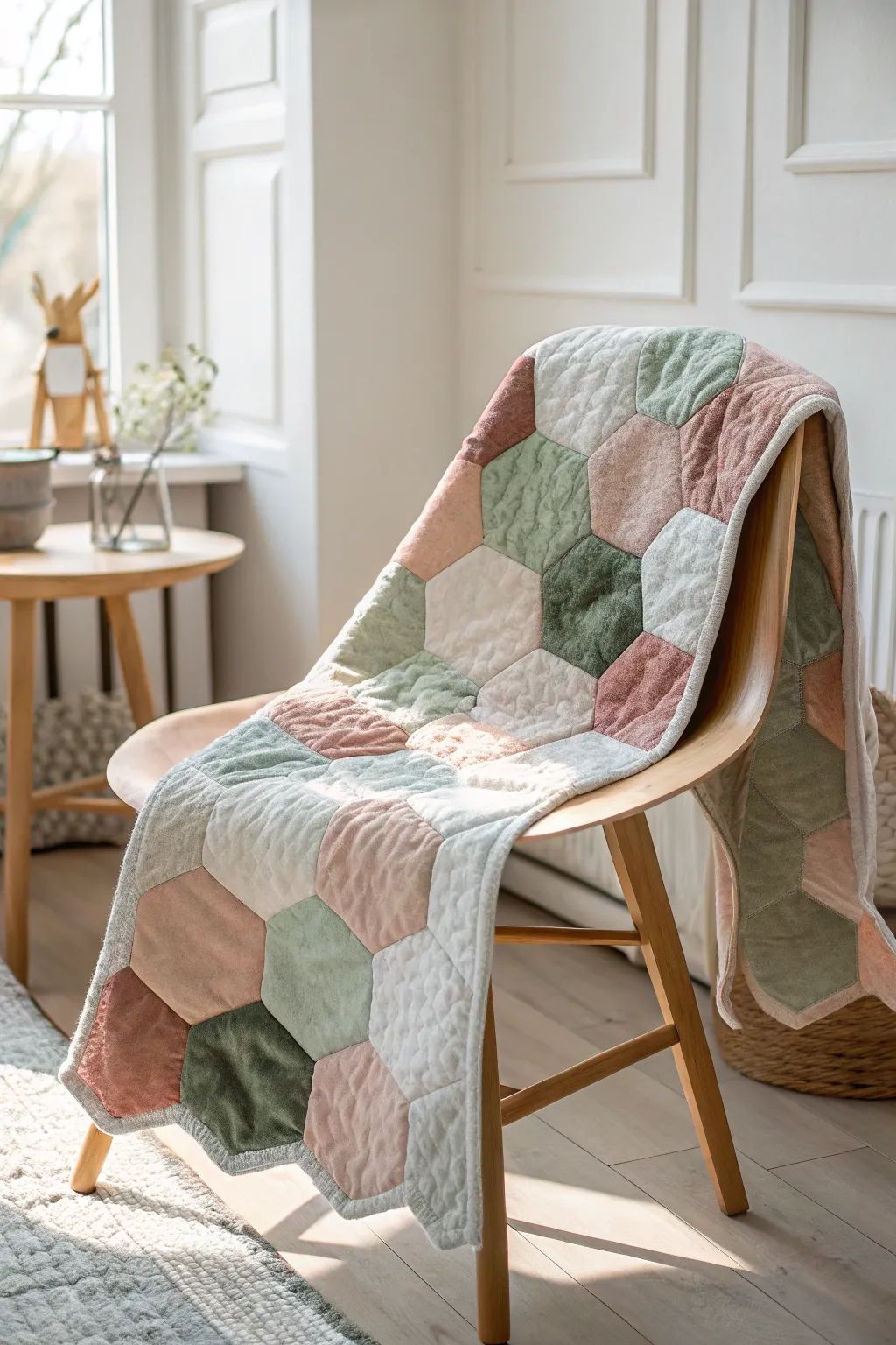 Discover the art of texture play with this stunning hexagon quilt, where craftsmanship meets natural beauty. 🌿✨
