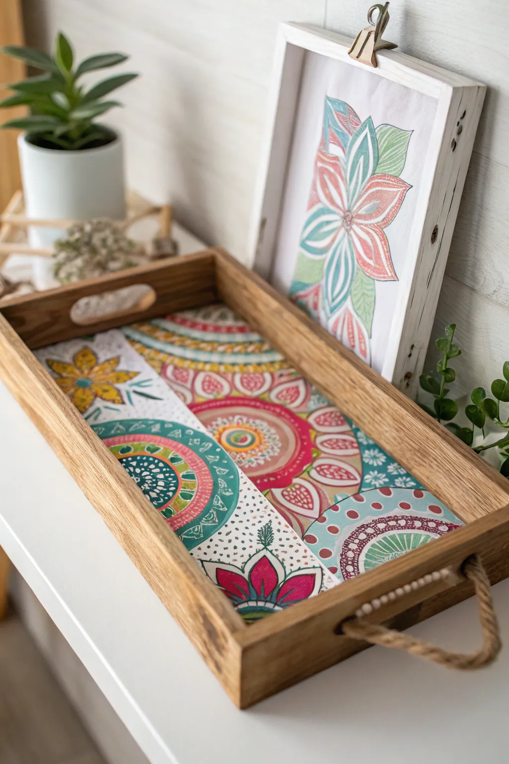 Transform your old trays into stunning wall art with vibrant craft paper. Embrace the blend of simplicity and boho elegance!