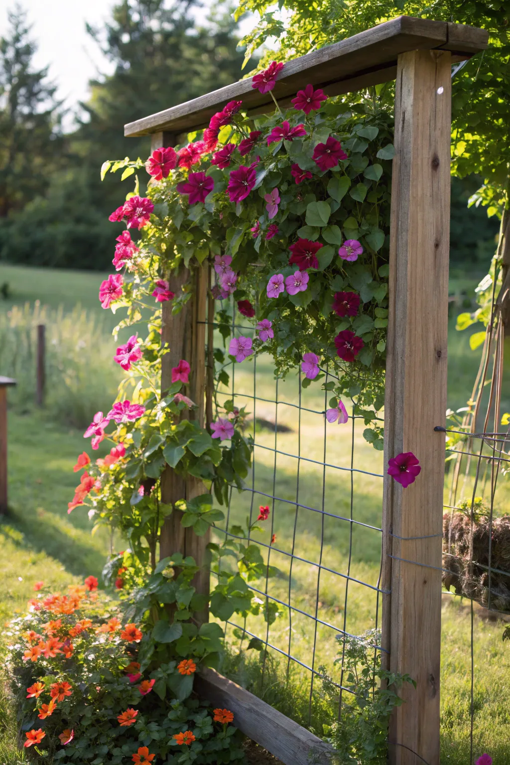 Transform your wedding venue with a rustic hog wire trellis, where craftsmanship meets romance.