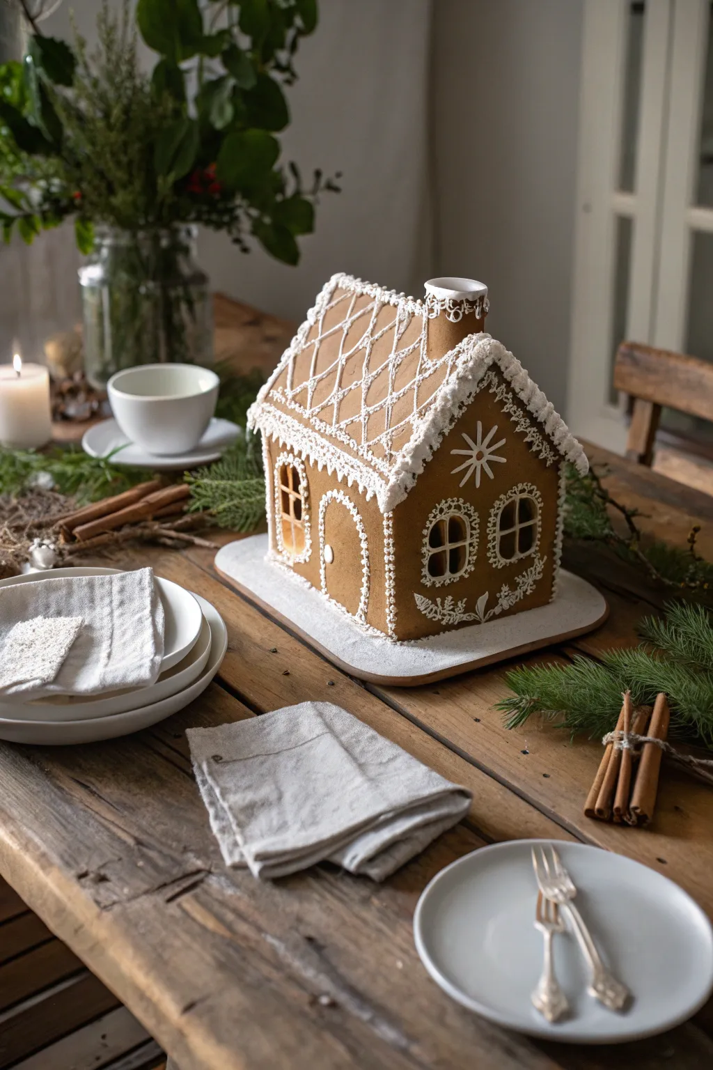Elevate your holiday table with a charming gingerbread house centerpiece that blends festive cheer with minimalist elegance.