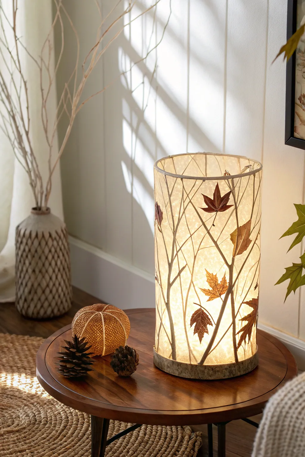 Bring warmth and nature into your home with this enchanting twig and leaf luminary, perfect for cozy evenings.