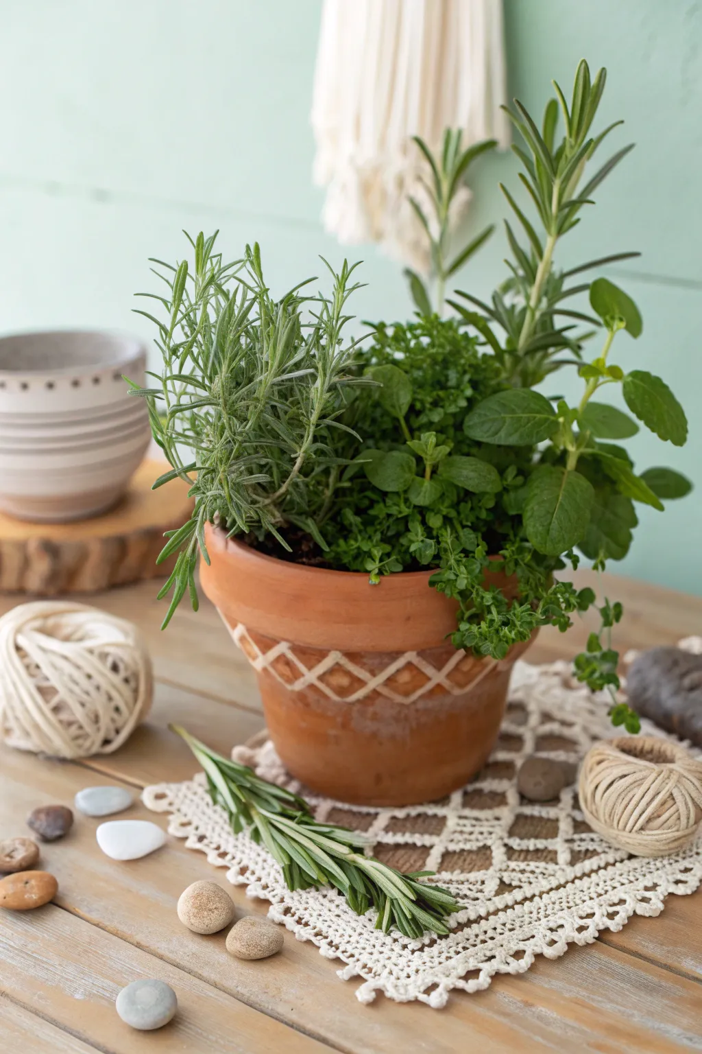 Sustainable elegance: Potted herbs as eco-friendly baptism centerpieces.