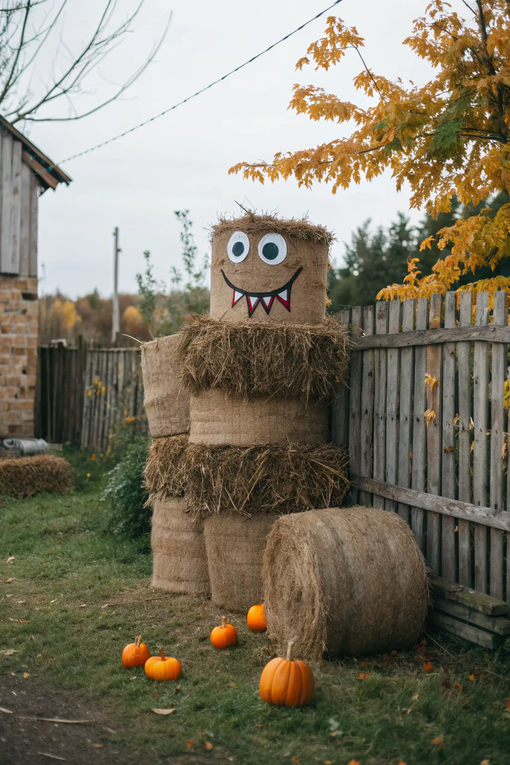 Meet the friendly hay bale monster, adding a touch of whimsy to your Halloween decor!