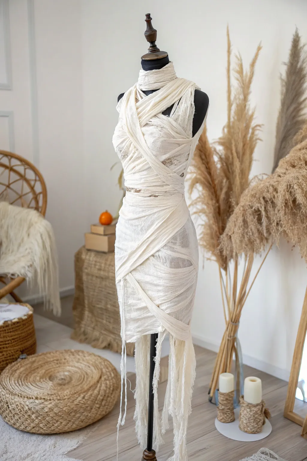 Transform into a timeless classic with this DIY mummy costume—simplicity meets spooky elegance.