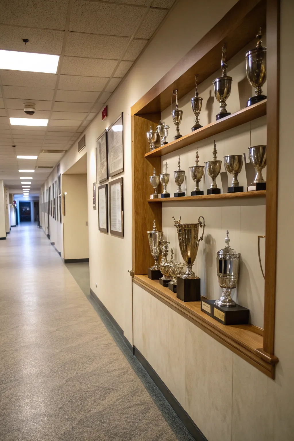 Hallway trophies displayed on wall-mounted shelves.