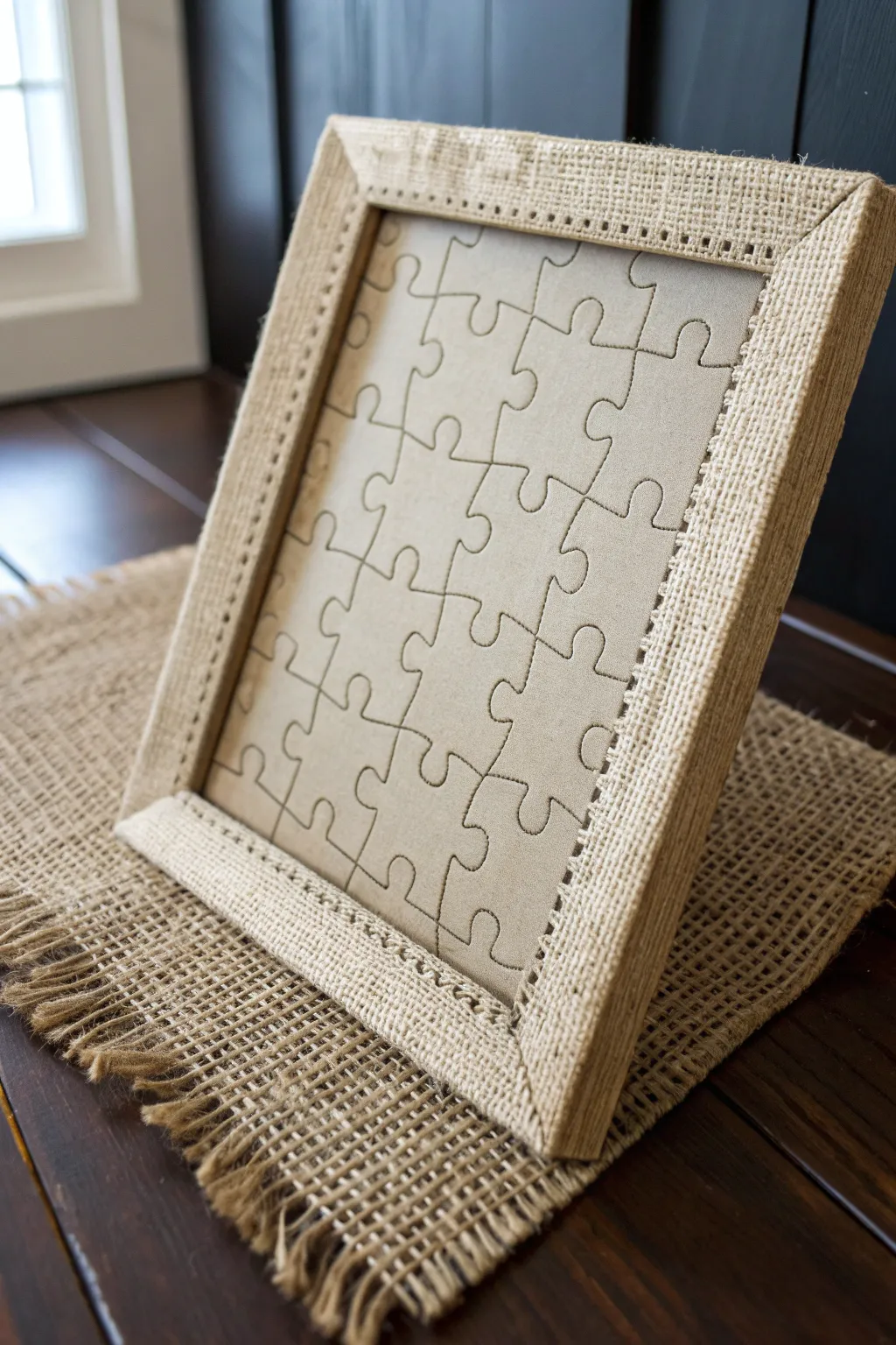 Elevate your puzzle display with handcrafted burlap frames – a perfect blend of rustic charm and craftsmanship.