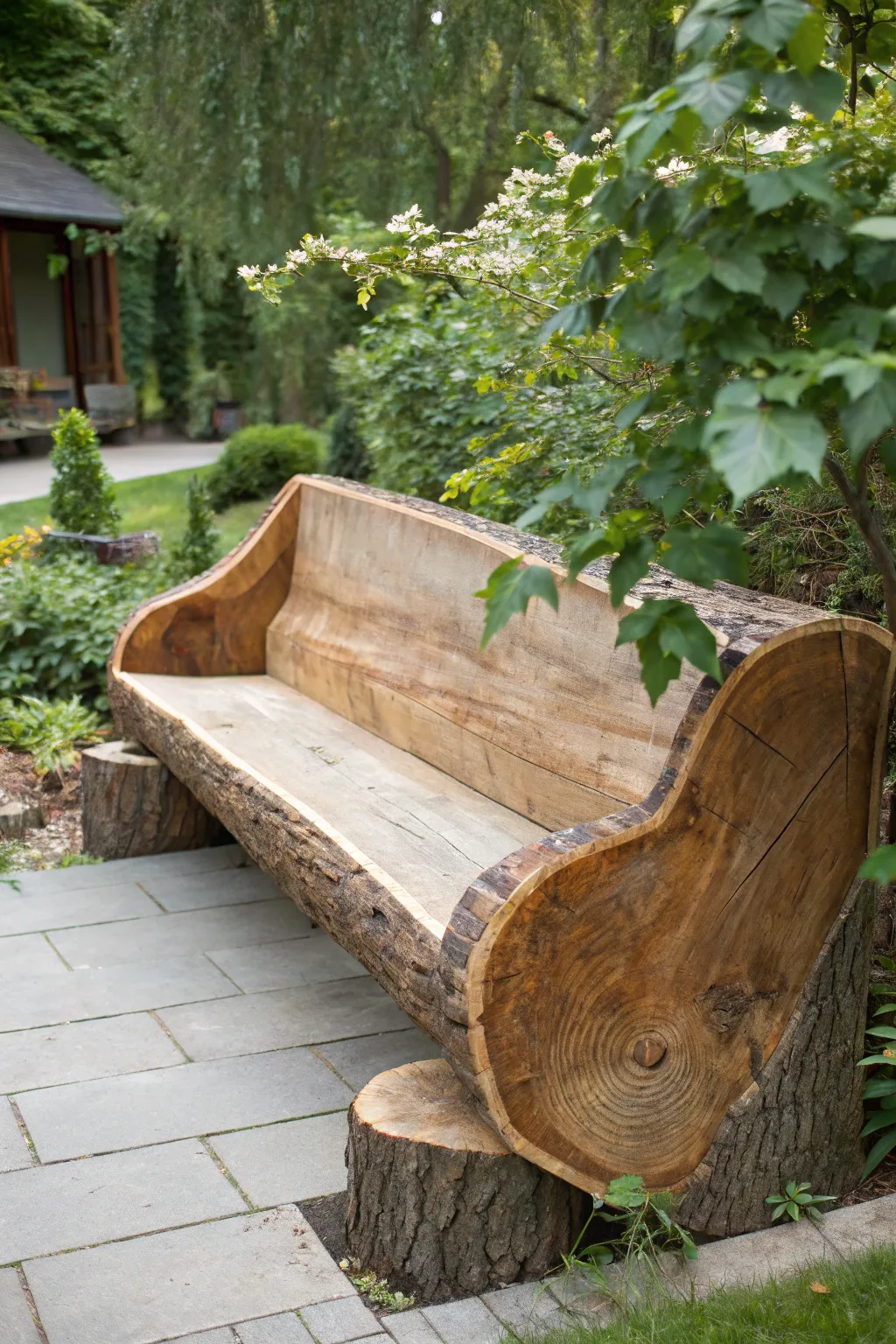 Craftsmanship meets nature: A stunning log bench crafted for your garden sanctuary.