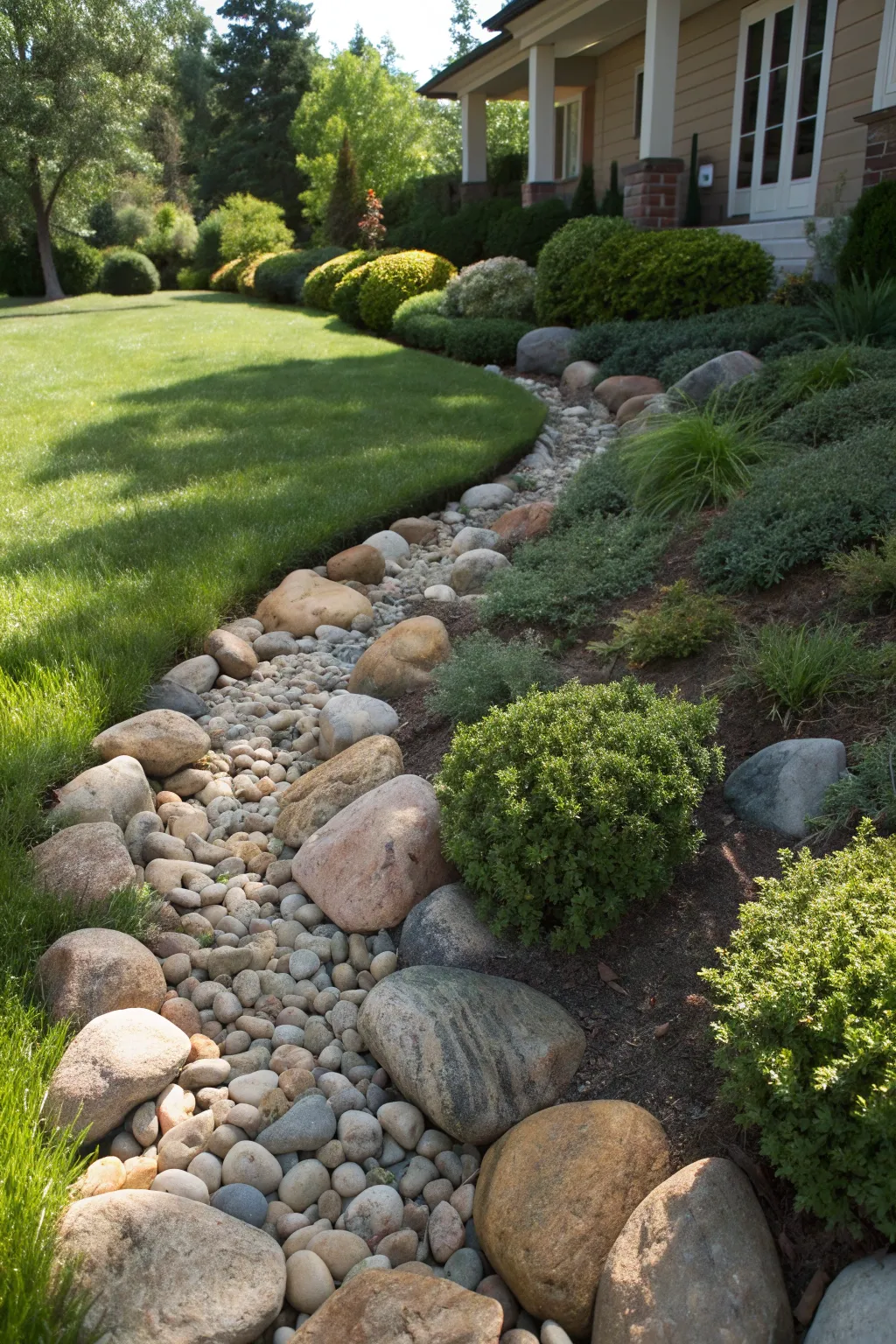 Transform your front yard with a handcrafted dry stream – a blend of nature and artistry.