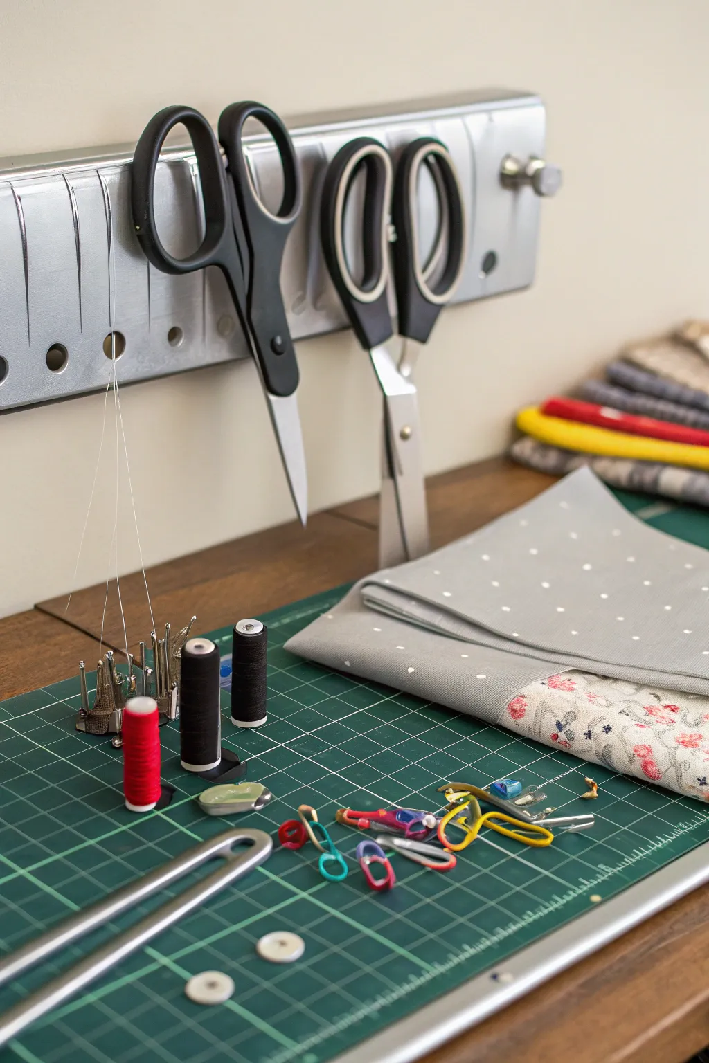 Magnetic knife strip keeping scissors handy and organized.