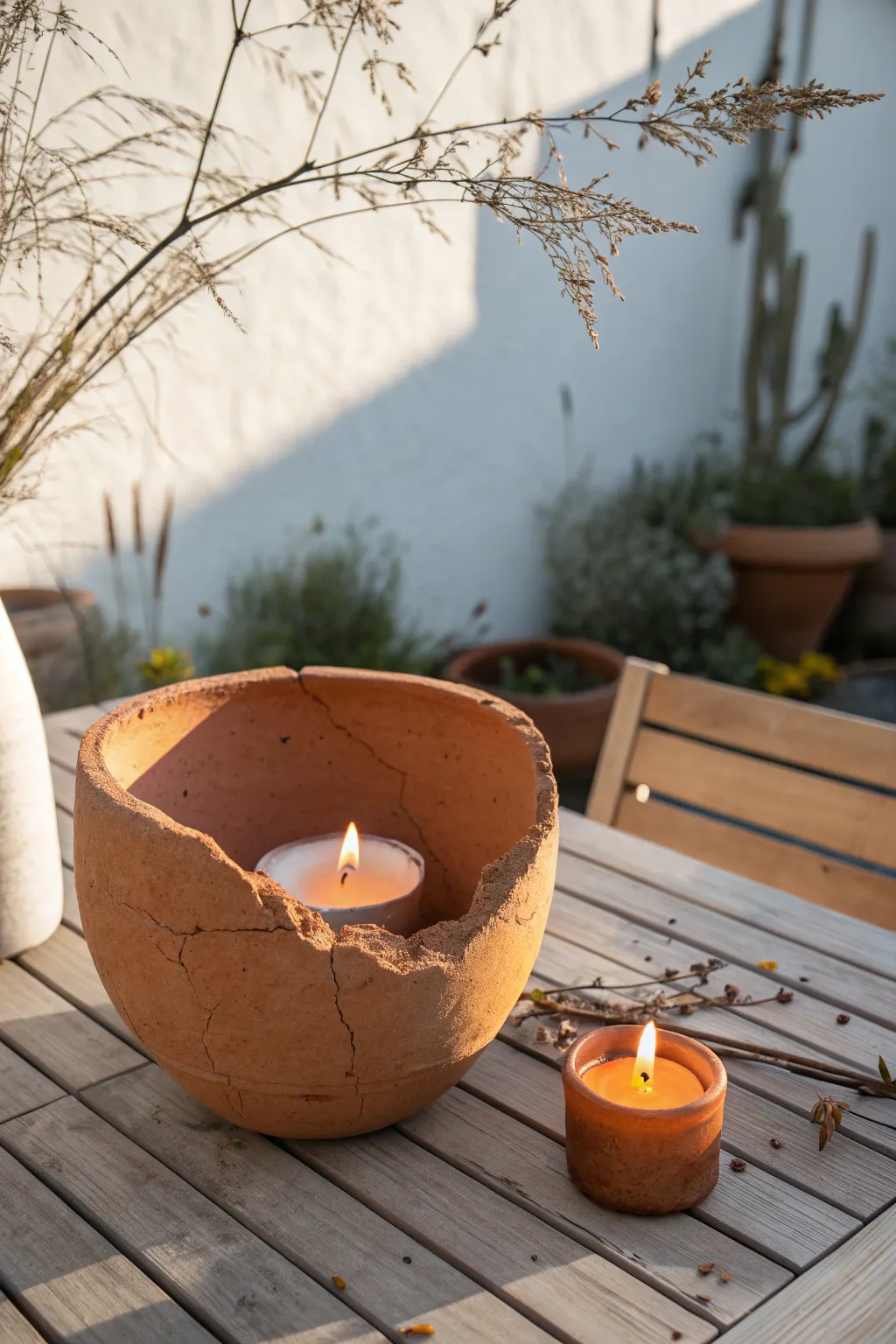Illuminate your evenings with handcrafted charm: repurposed clay pot candle holders add a warm, rustic touch to any outdoor space.