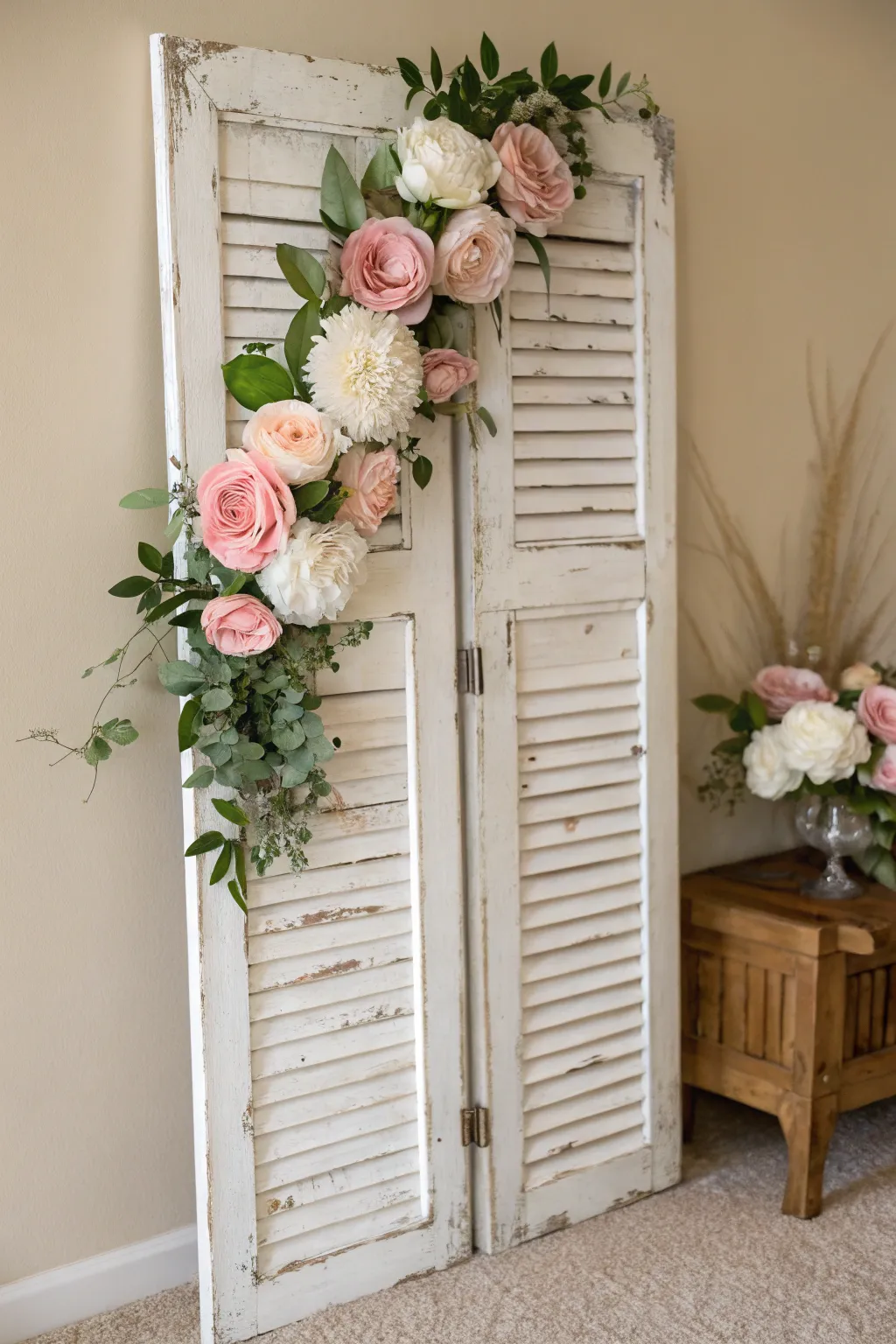 Embrace rustic elegance with this charming shutter flower display.