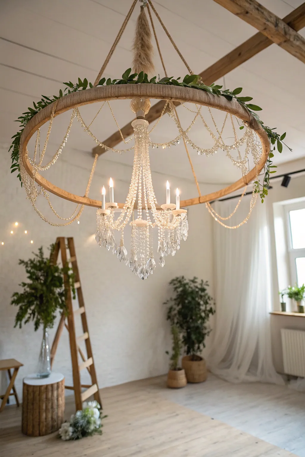 Illuminate your space with a touch of magic: a DIY hoop chandelier that blends Scandinavian simplicity with boho elegance.