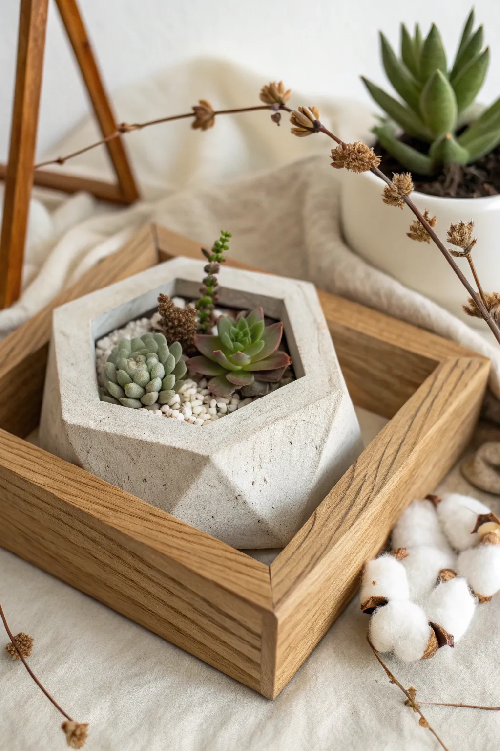 Craft your own geometric planter with this beautifully simple wooden frame mold, blending Scandinavian minimalism with boho warmth.