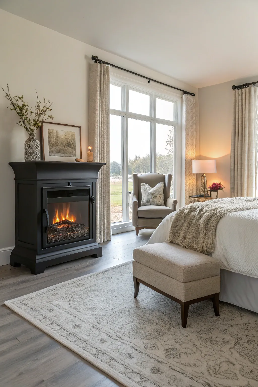 A fireplace introduces warmth and a central focus point.